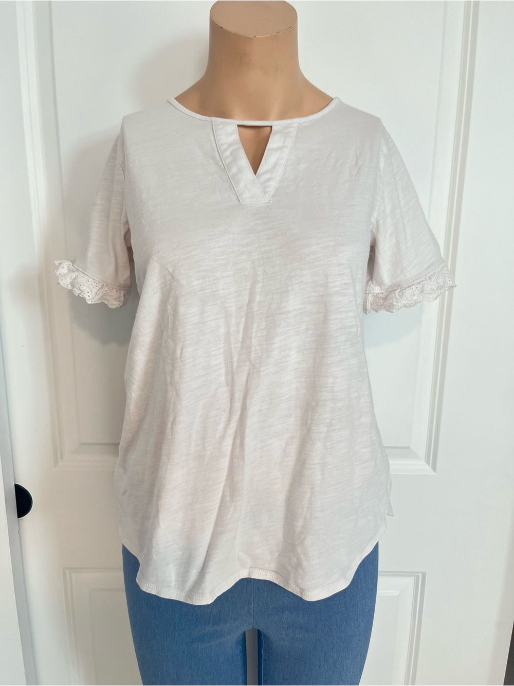Van Heusen Ivory Short Sleeve Keyhole Top with Lace Sleeves